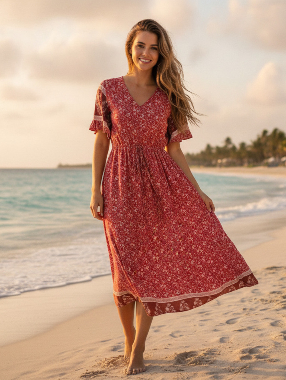 GRECERELLE Red Floral Midi Dress with Drawstring Waist, Size Small